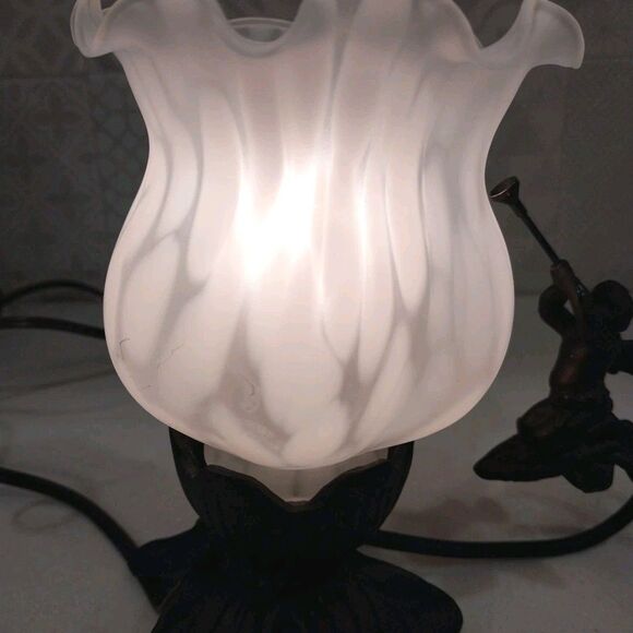 Vintage-Inspired Bronze Cherub Accent Lamp Tulip Frosted Glass Shade Nightlight - Picture 4 of 16